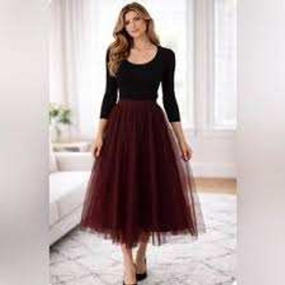 Haute Monde NEW Burgundy Stretch Tulle Midi Skirt LARGE Whimsigoth Ballet Party